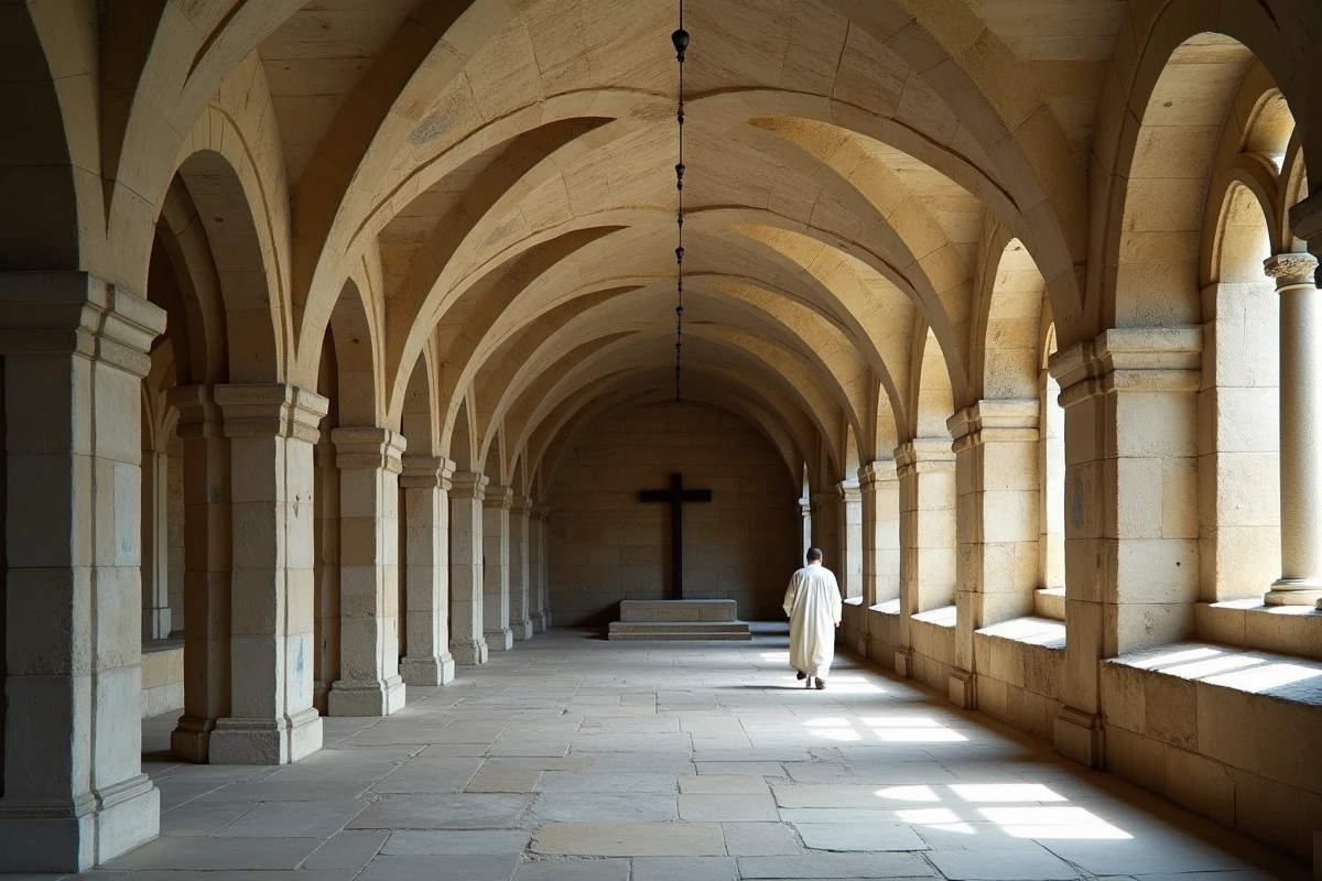 Nef de l'abbaye de Sénanque près de Gordes avec arches romanes en pierre et moine cistercien