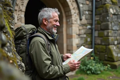Homme avec sac à dos devant l'abbaye de Valmont en Normandie
