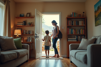 Femme accueillante saluant un voyageur dans un salon chaleureux