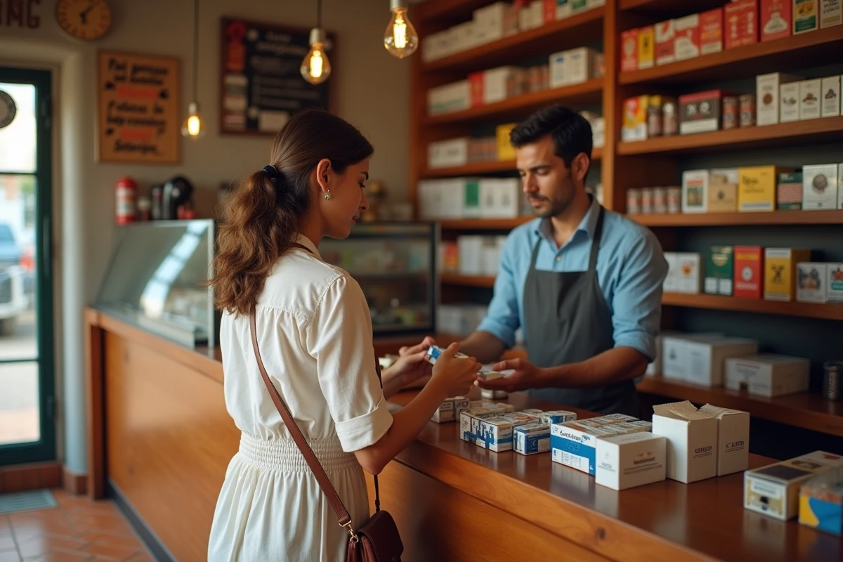 Femme achetant du tabac dans un bureau de tabac espagnol avec des produits en vitrine