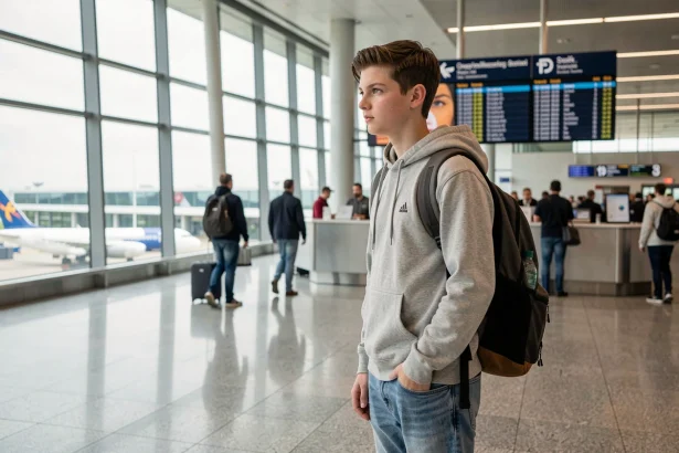 Adolescent de 16 ans avec un sac à dos seul dans un terminal d'aéroport regardant le tableau des départs