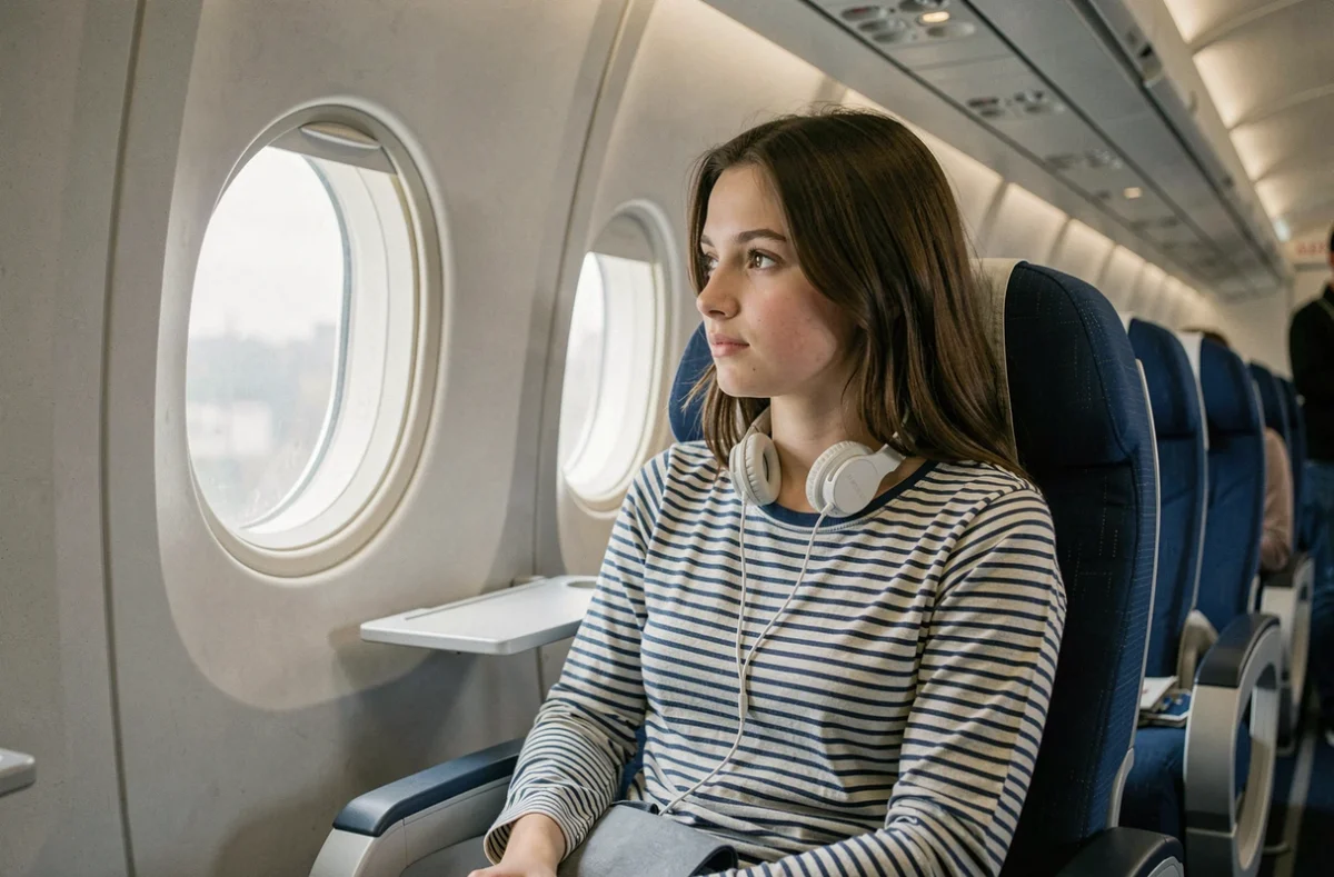 Jeune adolescente voyageant seule assise près du hublot dans un avion commercial