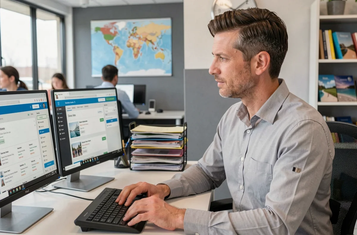 Agent de voyage Cappai consultant des avis clients sur un logiciel de réservation de croisières