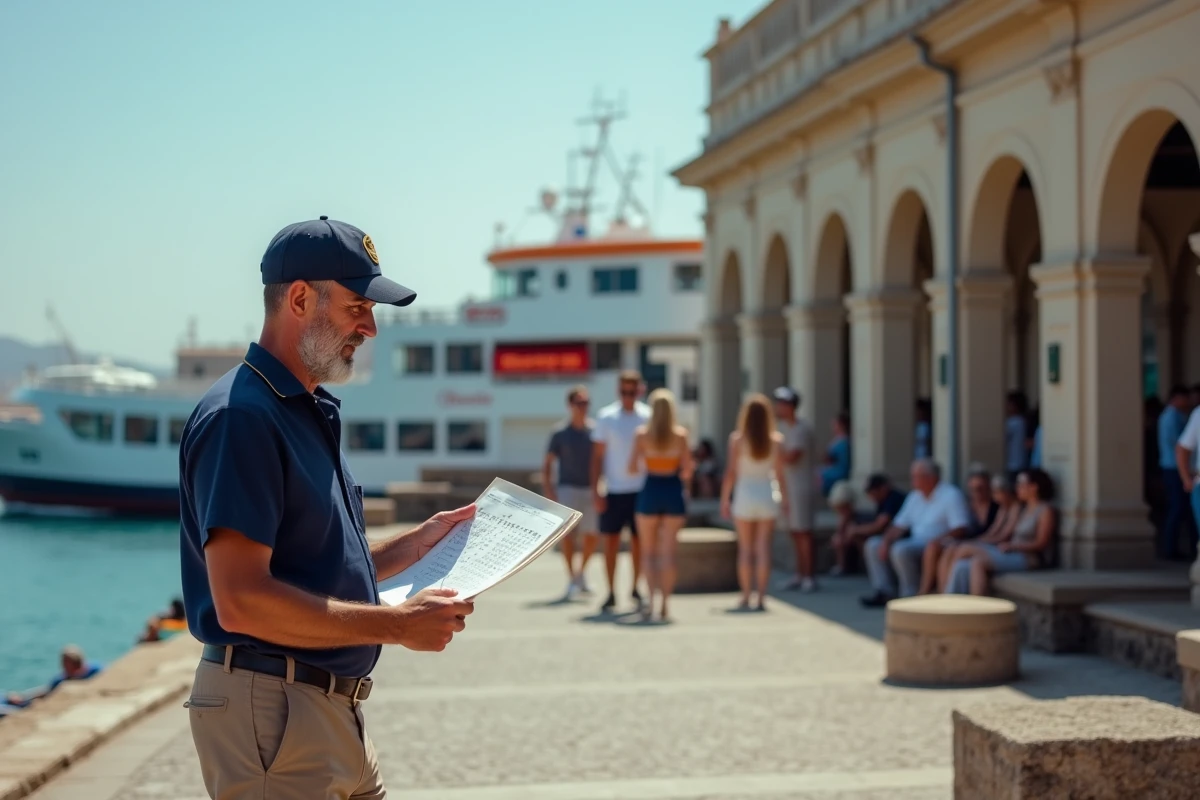Agent de ferry consultent un horaire à Rhodes