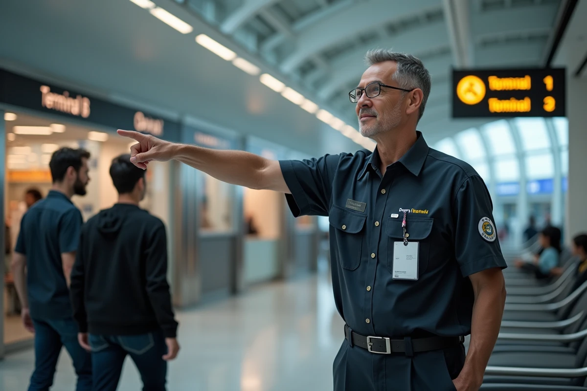 Agent d'aéroport en uniforme indiquant le chemin vers un terminal à New York