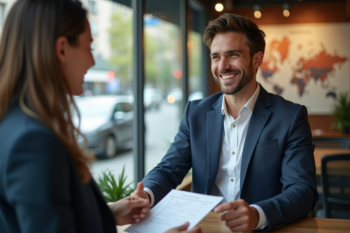 Jeune agent de voyage homme avec client souriant