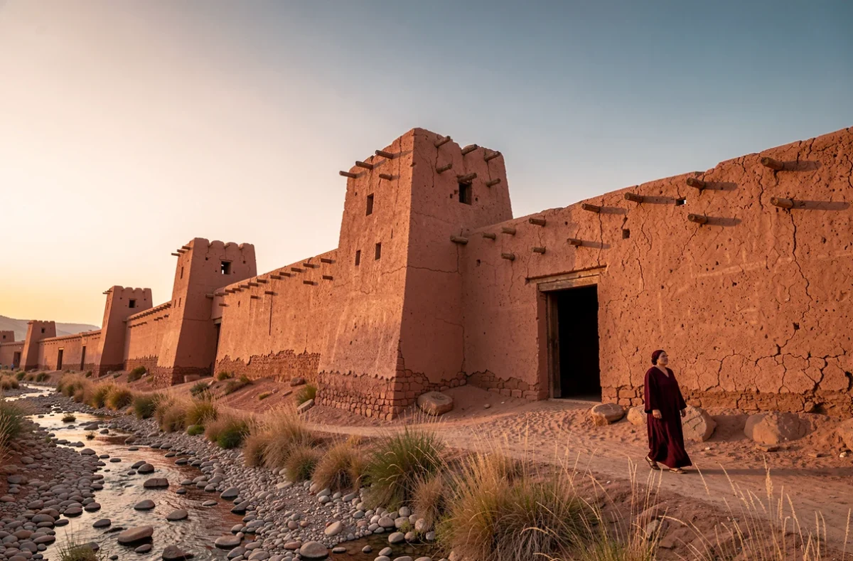 Ksar d'Aït Benhaddou au lever du soleil avec remparts en pisé rouge et ciel matinal pastel au Maroc