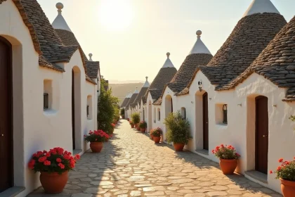 Ruelles pittoresques d'Alberobello avec ses maisons trulli aux toits coniques en pierre calcaire, Pouilles, Italie