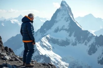Alpiniste en combinaison haute altitude contemplant un sommet himalayen enneigé depuis une crête rocheuse à haute altitude