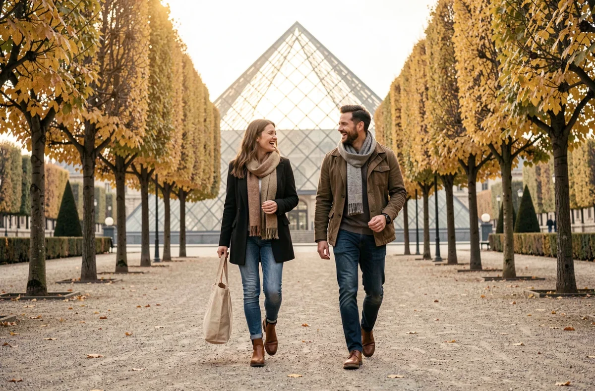 Deux amis se promenant dans le jardin des Tuileries avec la pyramide du Louvre en arrière-plan