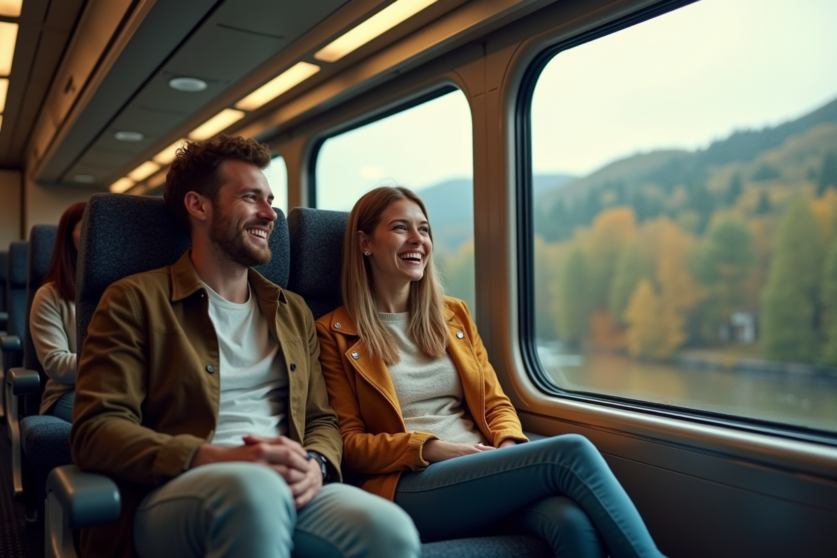 Trois amis riant dans un train avec vue sur la campagne