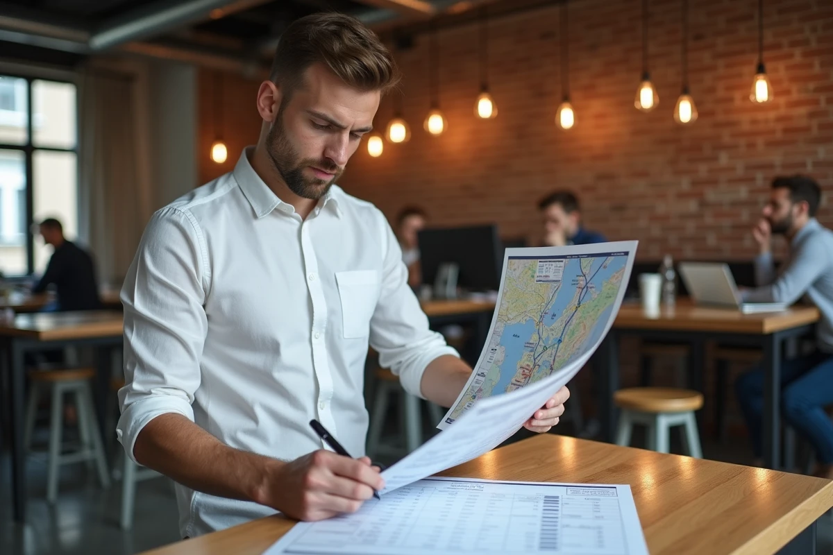 Jeune homme analysant un itinéraire Mappy imprimé et les coûts de trajet dans un espace de coworking moderne