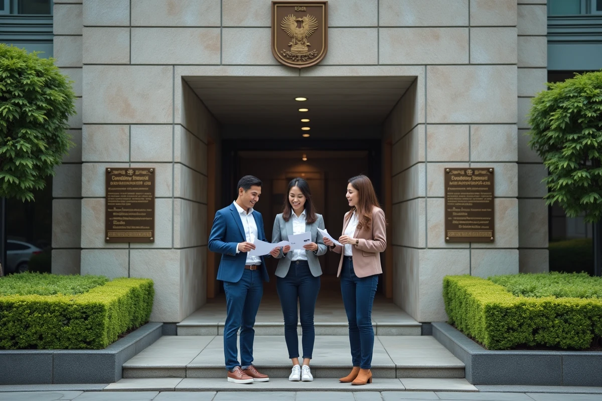 Groupe de personnes attendant devant l'entrée de l'ambassade d'Indonésie avec documents en main