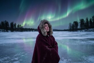 Femme en manteau de laine traditionnel observant les aurores boréales sur un lac gelé en Laponie finlandaise