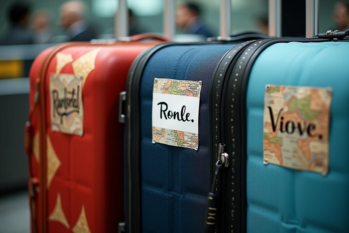 Trois valises identifiées par des autocollants personnalisés différents sur un tapis roulant bagages