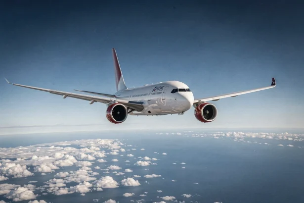 Avion de ligne en vol au-dessus de l'océan sur la route Paris-Sydney, vue depuis le bas avec ciel bleu profond