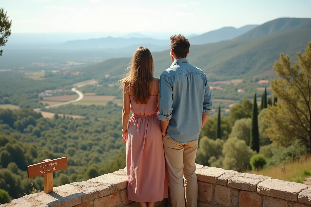 Couple admirant le panorama du Luberon depuis un belvédère en pierre près de Gordes