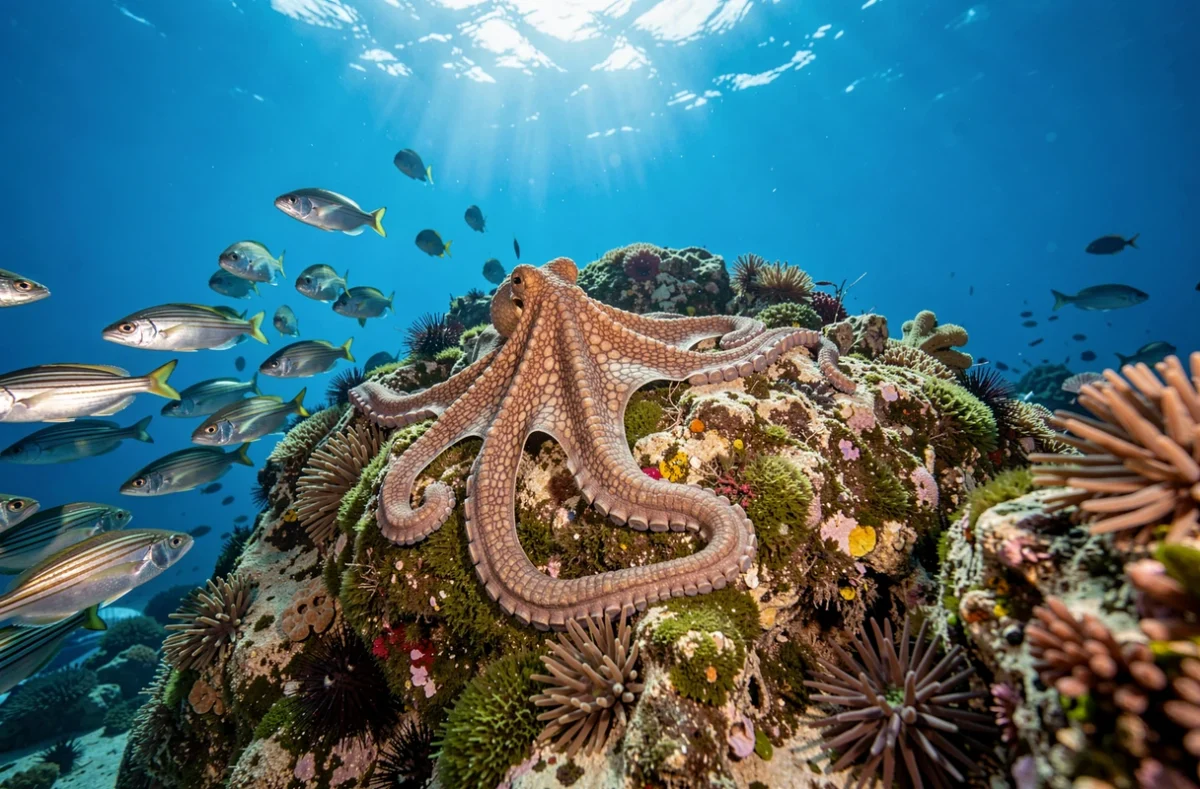 Fonds marins riches de la réserve naturelle de Porquerolles avec banc de saupes et pieuvre sur rocher immergé