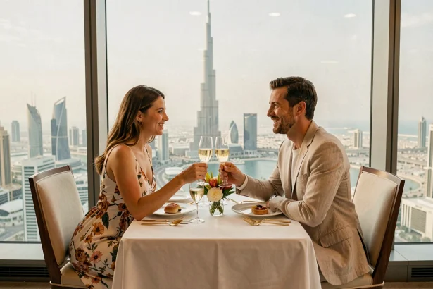 Couple élégant prenant un brunch avec vue sur le Burj Khalifa depuis un restaurant en hauteur à Dubaï