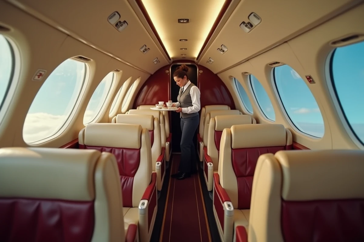 Intérieur étroit et luxueux de la cabine d'un Concorde en vol supersonique avec hôtesse de l'air et service à bord raffiné