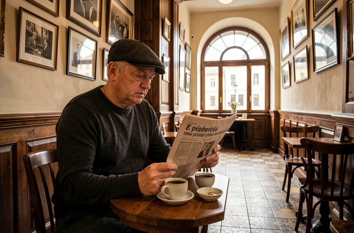 Homme lisant un journal dans un café traditionnel authentique du quartier Žižkov à Prague