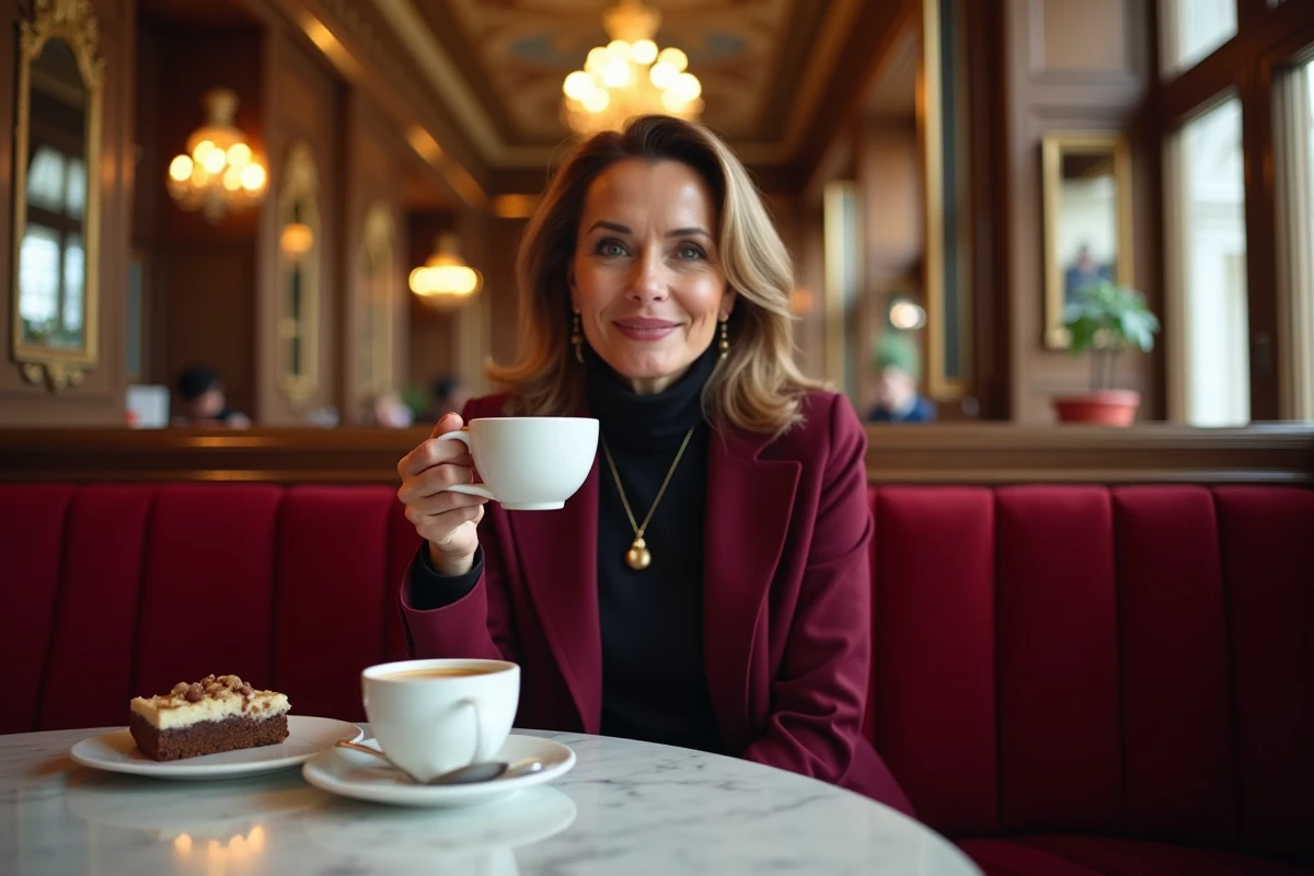 Femme dégustant un café et un Sachertorte dans un café viennois traditionnel au décor baroque