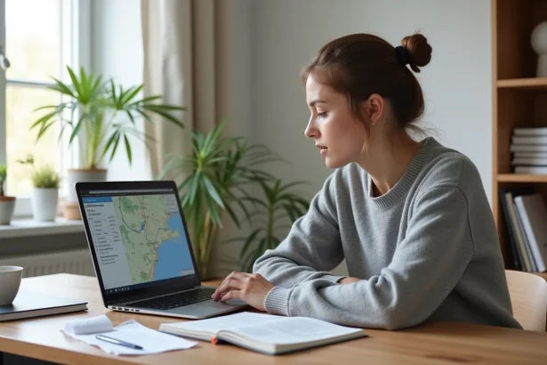 Femme calculant le coût de son trajet sur Mappy depuis un bureau à domicile avec un cahier de notes et un ordinateur portable