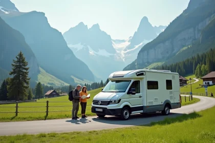 Camping-car garé sur une aire en Bavière avec vue sur les Alpes et le village d'Oberammergau