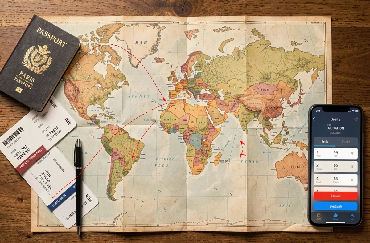 Carte du monde avec tracé de vol Paris-Sydney posée sur un bureau avec passeport et carte d'embarquement, vue du dessus