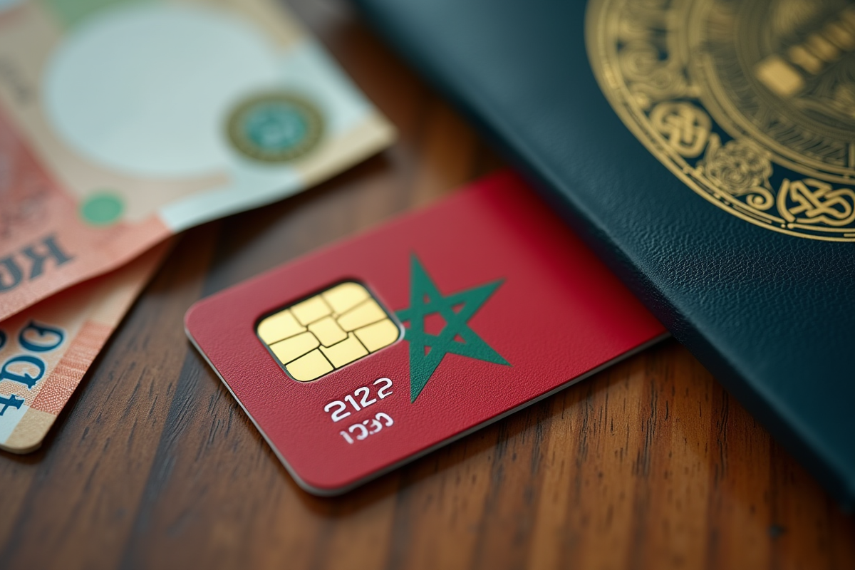 Carte SIM marocaine avec indicatif +212 sur une table en bois