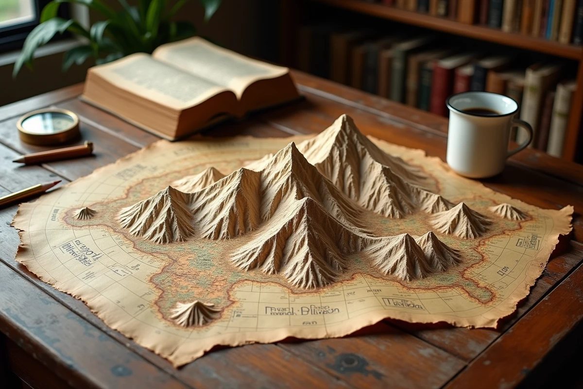 Carte topographique des plus hauts sommets du monde avec annotations manuscrites sur un bureau de chercheur en cartographie