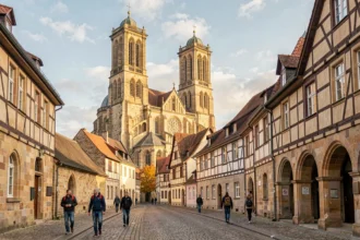 La cathédrale romane de Speyer vue depuis la rue piétonne avec ses tours jumelles emblématiques en automne