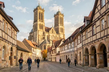 La cathédrale romane de Speyer vue depuis la rue piétonne avec ses tours jumelles emblématiques en automne