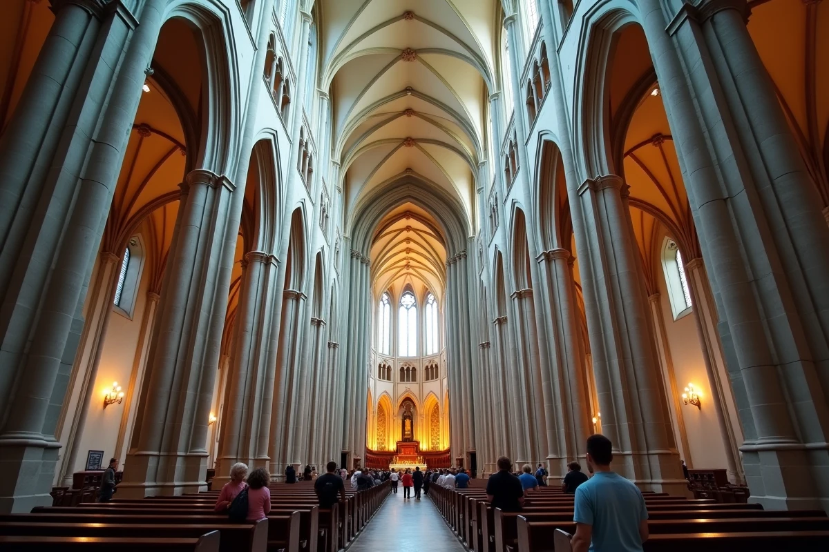 Nef gothique intérieure de la cathédrale Saint-Étienne de Vienne avec visiteurs contemplant l'architecture