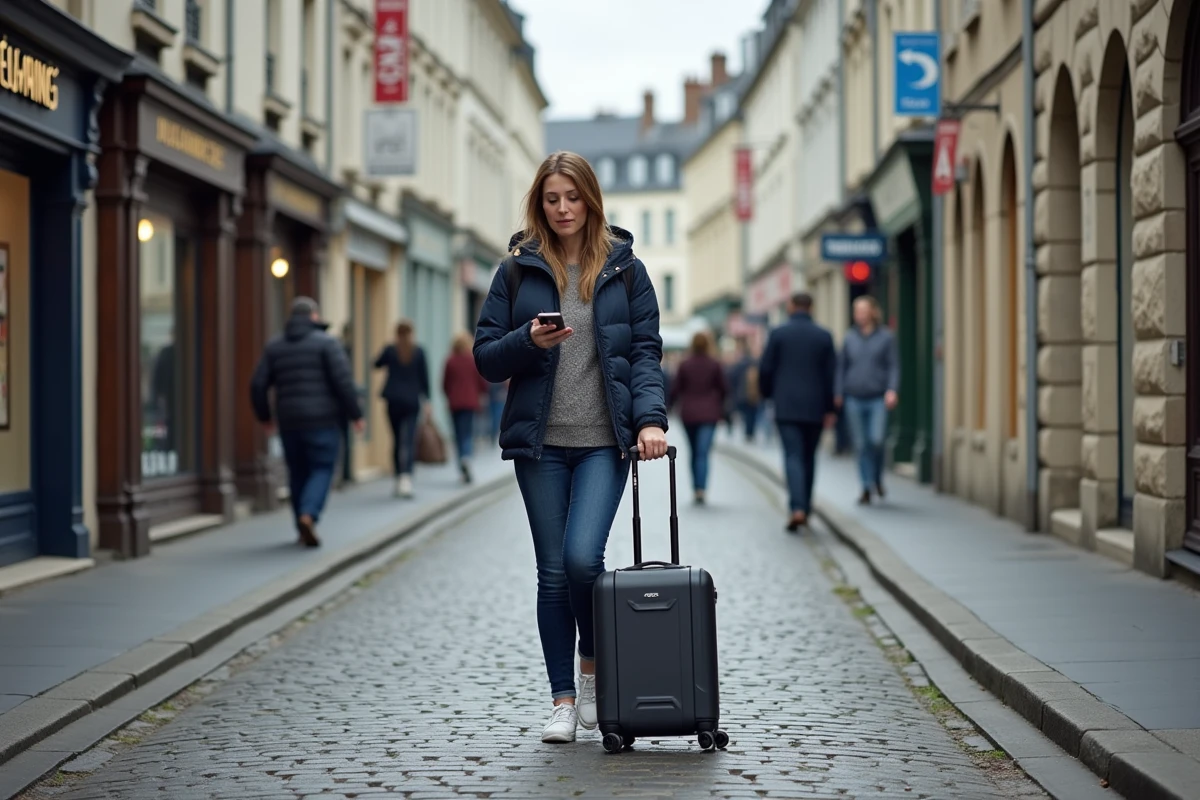 Voyageuse avec valise marchant dans une rue piétonne du centre-ville de Fécamp près de l'hôtel ibis