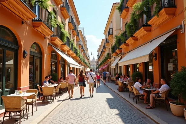 Rue piétonne animée du centre-ville de Málaga avec terrasses de café et façades néoclassiques rénovées en 2026