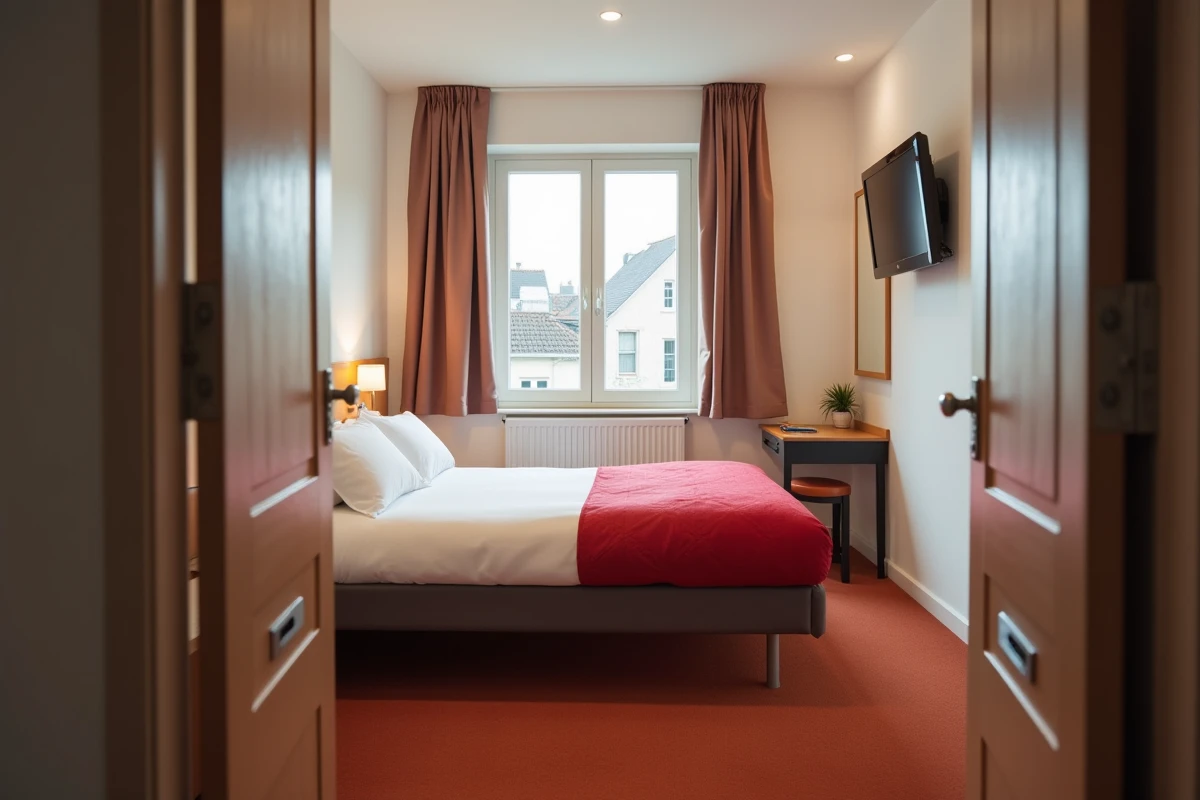 Chambre double de l'hôtel ibis à Fécamp avec vue sur les toits de la ville normande