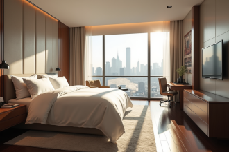 Chambre d'hôtel luxe avec vue sur la ville ensoleillée