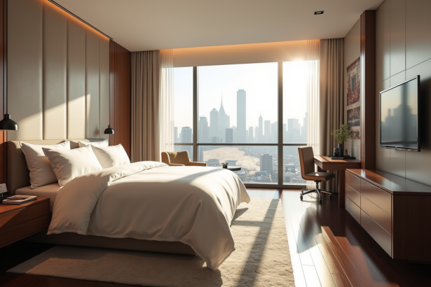 Chambre d'hôtel luxe avec vue sur la ville ensoleillée