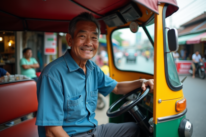 Chauffeur de tuk tuk thaïlandais souriant dans Bangkok