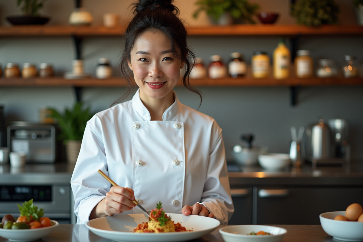 Chef en train de dresser un plat gourmet dans une cuisine moderne