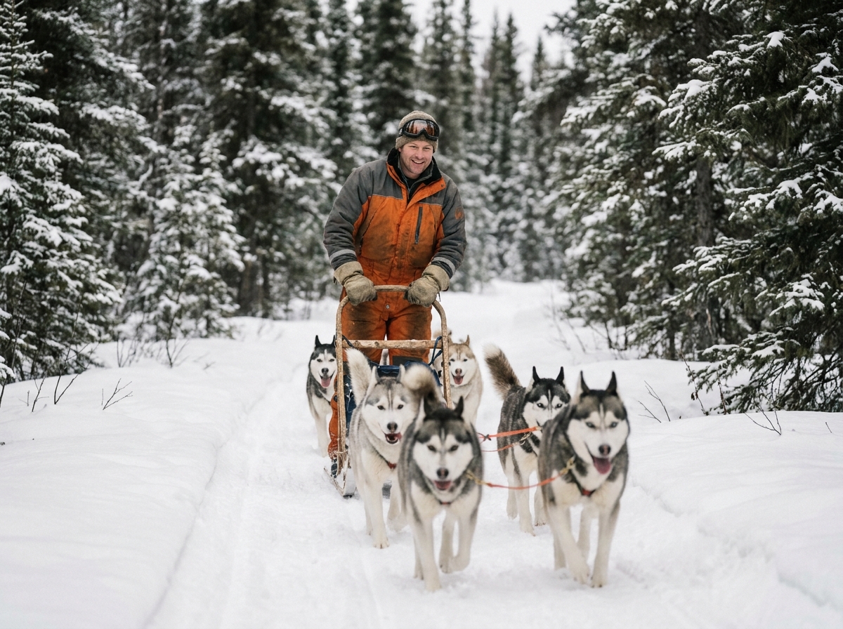 Homme en combinaison de neige guidant un attelage de huskies sur un sentier forestier enneigé en Laponie suédoise