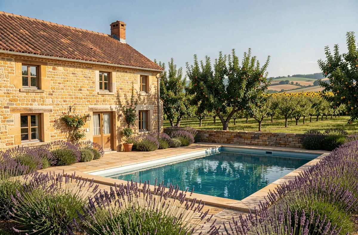 Le Clos de Printemps en Lot-et-Garonne, maison de campagne gasconne avec piscine entourée de lavande et verger sous le soleil du Sud-Ouest