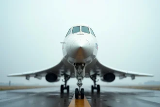 Vue en contre-plongée du nez effilé d'un avion Concorde sur le tarmac d'un aéroport, mettant en valeur sa silhouette emblématique en delta