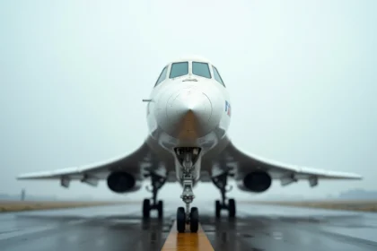 Vue en contre-plongée du nez effilé d'un avion Concorde sur le tarmac d'un aéroport, mettant en valeur sa silhouette emblématique en delta
