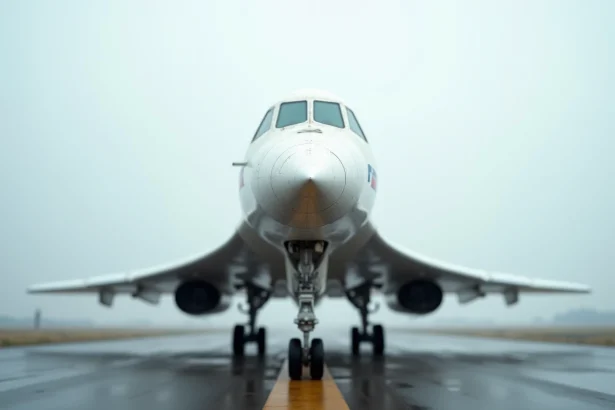 Vue en contre-plongée du nez effilé d'un avion Concorde sur le tarmac d'un aéroport, mettant en valeur sa silhouette emblématique en delta