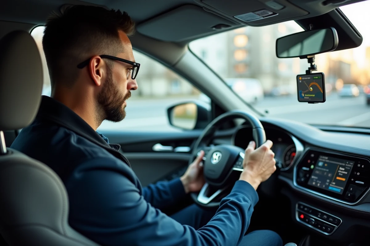 Conducteur consultant l'itinéraire Mappy sur smartphone monté dans sa voiture pour estimer les coûts de son trajet urbain