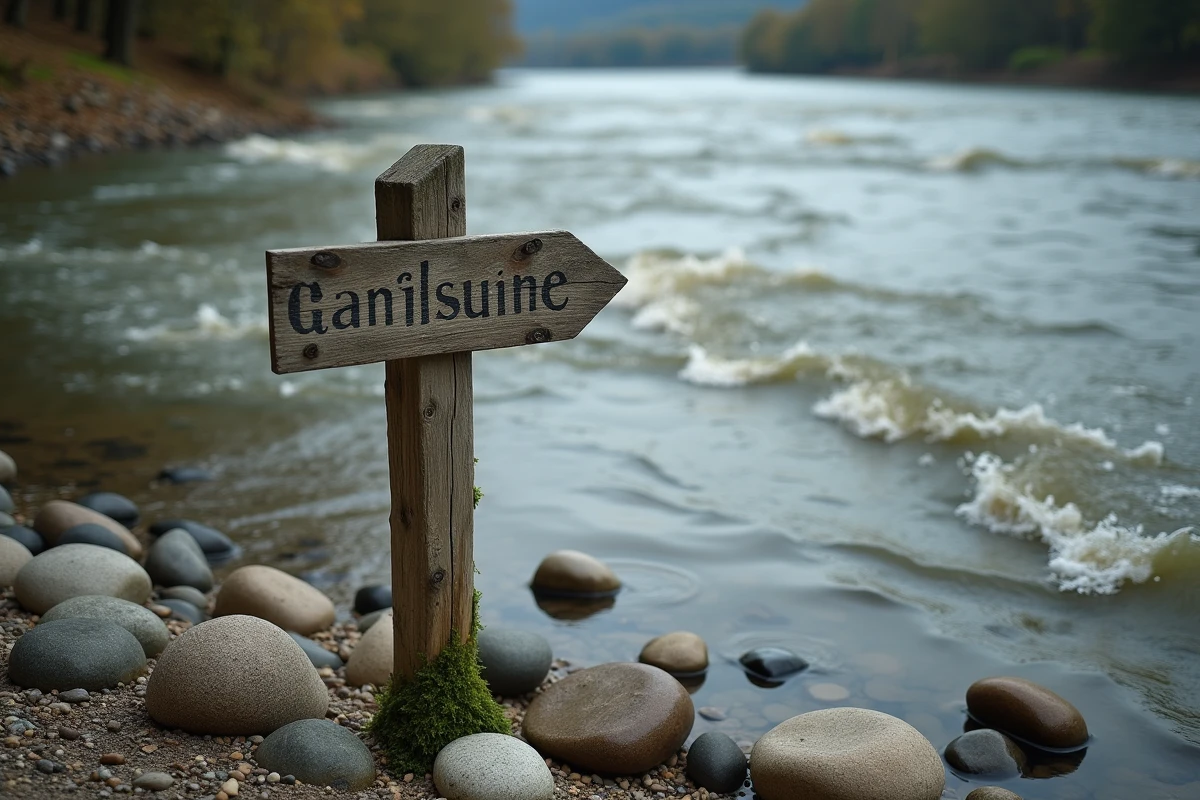 Confluent d'un affluent du Rhin avec le fleuve principal, eaux aux teintes distinctes se rejoignant sur un lit de galets