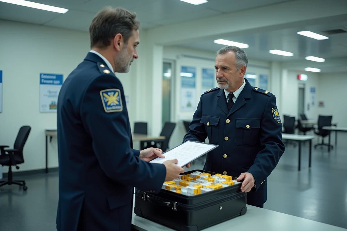 Douanier français contrôlant des cartouches de cigarettes dans la valise d'un voyageur à la frontière