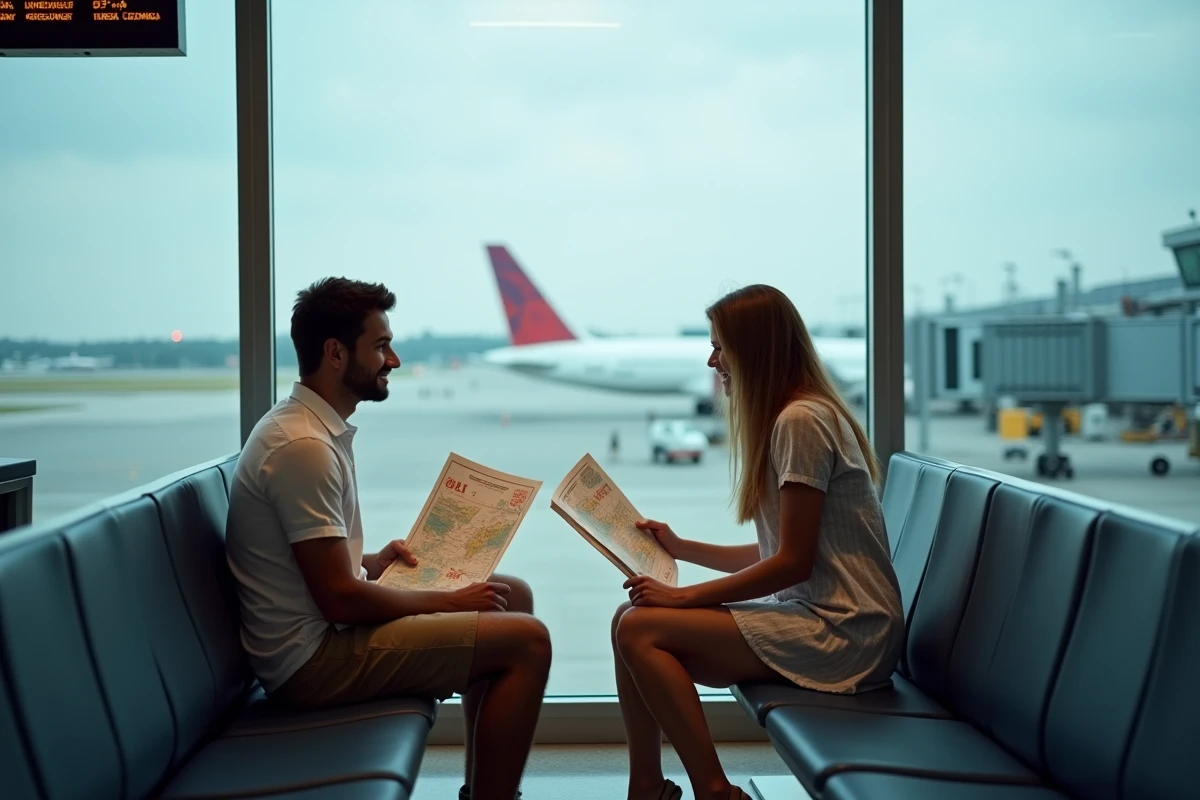 Couple planifiant leur voyage à l'aéroport avec une carte des fuseaux horaires pour choisir entre La Réunion et les Antilles